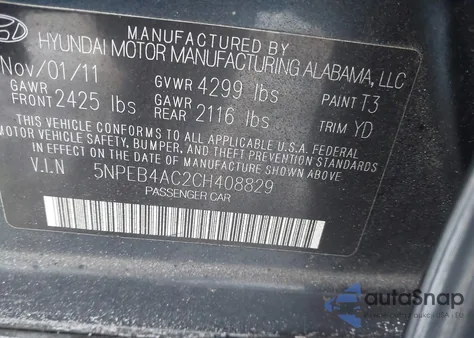 2012 Hyundai Sonata Gls z USA, uszkodzony, nr VIN 5NPEB4AC2CH408829